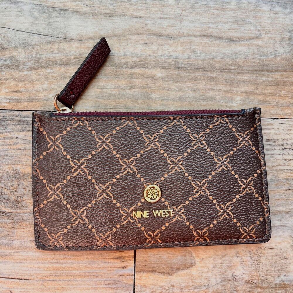 Nine West Chocolate Brown Monogram Zip Wallet Card Case Logo Valentine's Romance